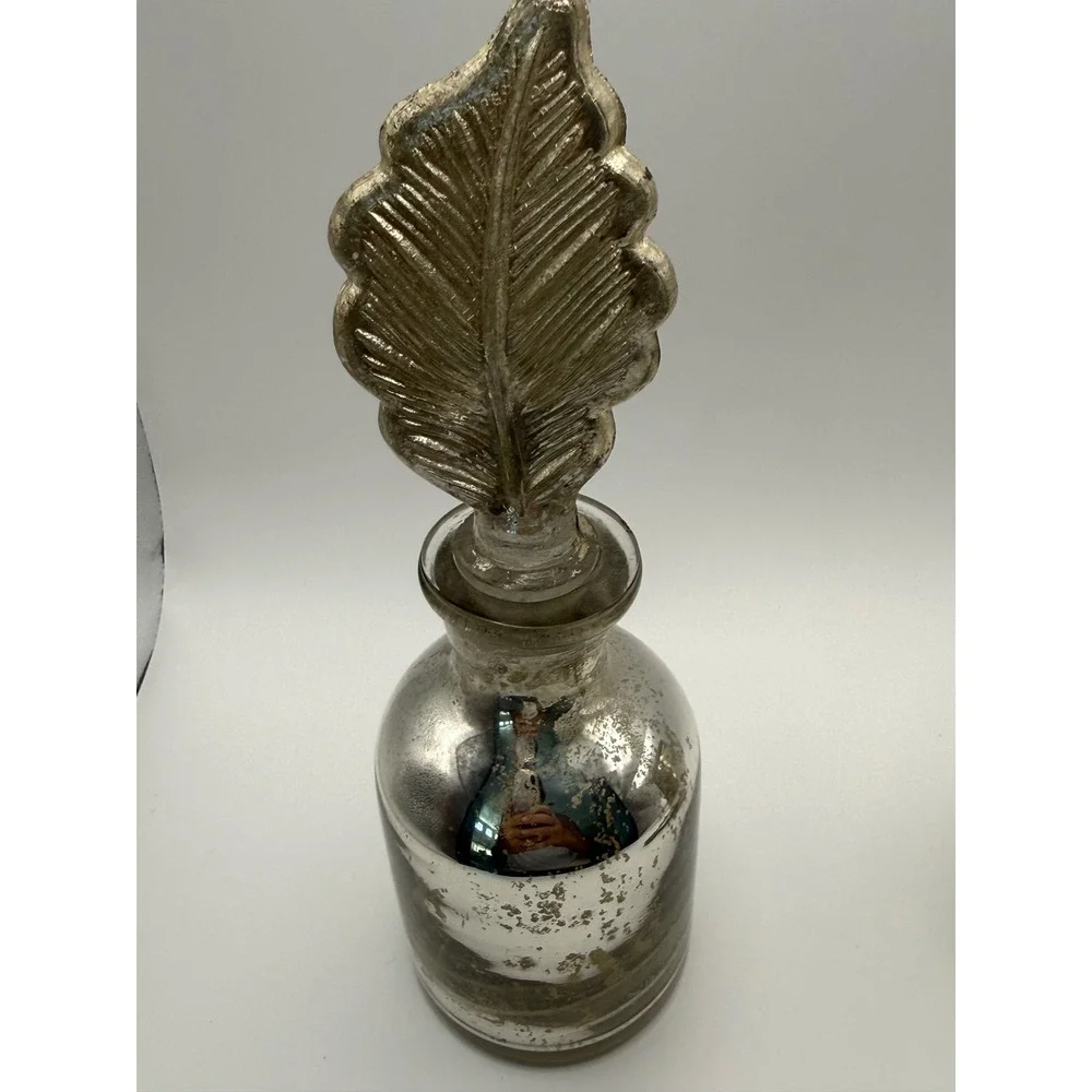 Pottery Barn Mercury Glass Bottles Set of 2 Silver Leaf Stopper Decorative Vases